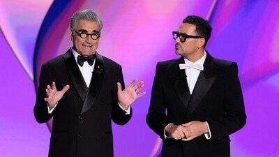 Hosts Eugene Levy and Dan Levy speak during the 76th Primetime Emmy Awards. (Chris Pizzello/Invision/AP) Hosts Eugene Levy and Dan Levy speak during the 76th Primetime Emmy Awards. (Chris Pizzello/Invision/AP)
