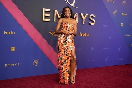 Ayo Edebiri poses on the 76th Primetime Emmy Awards red carpet. (Jae C. Hong/Invision/AP)