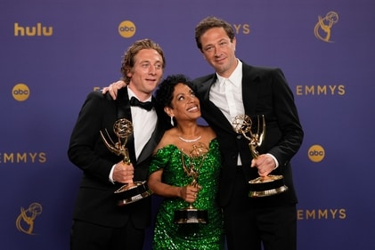 Jeremy Allen White, winner of the award for outstanding lead actor in a comedy series for "The Bear", from left, Liza Colon-Zayas, winner of the award for outstanding supporting actress in a drama series for "The Bear", and Ebon Moss-Bachrach, winner of the award for outstanding supporting actor in a comedy series for "The Bear" pose in the press room during the 76th Primetime Emmy Awards on Sunday, Sept. 15, 2024, at the Peacock Theater in Los Angeles. (AP Photo/Jae C. Hong) (Jae C. Hong/Invision/AP)