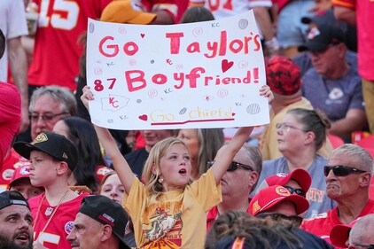 A Taylor Swift fan shows support during the game between the Kansas City Chiefs and Cincinnati Bengals at GEHA Field at Arrowhead Stadium. (Denny Medley-Imagn Images / USA TODAY Sports via Reuters Con)