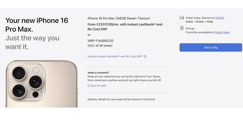 If you order the iPhone 16 Pro Max today, you will get it between October 5-13 in India, from Apple India. (Apple India) If you order the iPhone 16 Pro Max today, you will get it between October 5-13 in India, from Apple India. (Apple India)