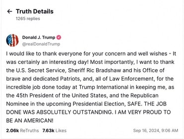 A screengrab shows Republican presidential nominee and former U.S. President Donald Trump's first post on his Truth Social