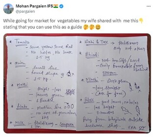 Retired IFS officer Mohan Pargaien's wife’s detailed handwritten veggie guide went viral on X. (X/@Pargaien )