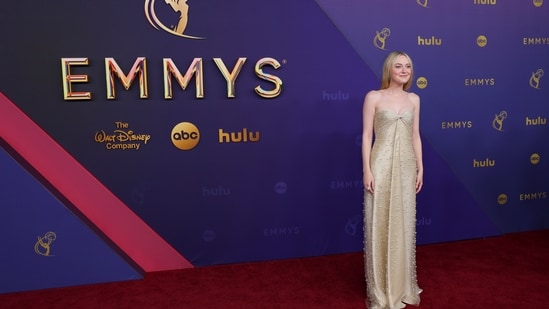 Dakota Fanning poses for a Red Carpet portrait at the 76th Emmy Awards.(Danny Moloshok/Invision/AP)