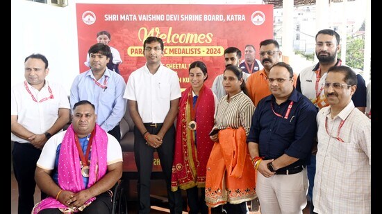 On behalf of the lieutenant governor Manoj Sinha, SMVDSB chief executive officer Anshul Garg congratulated both on their achievements at the Paris Paralympics. (HT Photo)