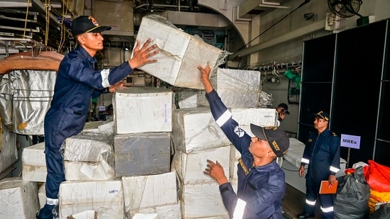 Security personnel dispatch relief material to Typhoon Yagi-hit Myanmar, Vietnam and Laos. (PTI)