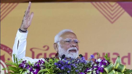 Prime Minister Narendra Modi addresses a public meeting in Ahmedabad on Monday. (PTI)