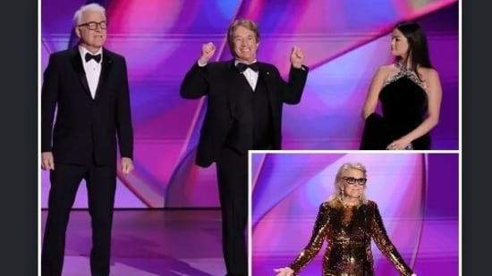 As Selena Gomez was the night’s first presenter alongside her co-stars from Only Murders in the Building, Martin Short and Steve Martin, she made a casual joke about being a “childless cat lady” after Taylor Swift embraced the term in her endorsement of Democratic presidential nominee Kamala Harris. (Getty Images)