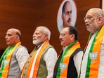 Prime Minister Narendra Modi with defence minister Rajnath Singh, Union home minister Amit Shah and Union minister and BJP national president JP Nadda in New Delhi. Prime Minister Narendra Modi with defence minister Rajnath Singh, Union home minister Amit Shah and Union minister and BJP national president JP Nadda in New Delhi.