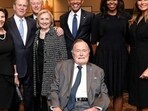 Former US Presidents and former US first ladies (L-R) Laura Bush, George W. Bush, Bill Clinton, Hillary Clinton, Barack Obama, Michelle Obama, and US first lady Melania Trump pose with former US President George H.W. Bush at the funeral of former first lady Barbara Bush in Houston, Texas. (Paul Morse / Office of George H.W Bush via REUTERS)