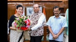 New Delhi, Sep 17 (ANI): AAP leader and Delhi CM-designate Atishi stakes claim to form the new government before Lieutenant Governor V K Saxena, at LG Secretariat in New Delhi on Tuesday. Outgoing Delhi Chief Minister Arvind Kejriwal also present. (ANI Photo) (LG Office)