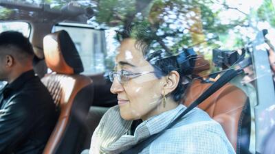 Atishi outside the residence of AAP chief Arvind Kejriwal. (ANI)