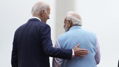 FILE - US President Joe Biden speaks with India's Prime Minister Narendra Modi during a State Arrival Ceremony on the South Lawn of the White House in Washington in June 2023. (AP FILE PHOTO) FILE - US President Joe Biden speaks with India's Prime Minister Narendra Modi during a State Arrival Ceremony on the South Lawn of the White House in Washington in June 2023. (AP FILE PHOTO)