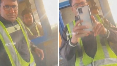 The image captures glimpses of a heated argument between a driver and a toll booth employee. The video surfaced amid Kannada language row. (Screengrab) The image captures glimpses of a heated argument between a driver and a toll booth employee. The video surfaced amid Kannada language row. (Screengrab)