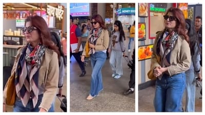 Twinkle Khanna was spotted in the airport, carrying a chic look. She opted for a high-waisted denim that flared out below the knees. She wore a beige jacket and sported shawl around her neck. (Instagram/@varindertchawla) Twinkle Khanna was spotted in the airport, carrying a chic look. She opted for a high-waisted denim that flared out below the knees. She wore a beige jacket and sported shawl around her neck. (Instagram/@varindertchawla)