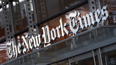 A sign for The New York Times hangs above the entrance to its building, Thursday, May 6, 2021 in New York. (AP) A sign for The New York Times hangs above the entrance to its building, Thursday, May 6, 2021 in New York. (AP)