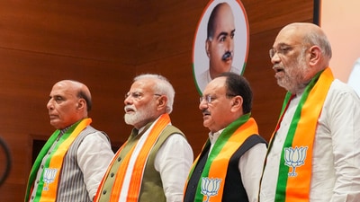 Prime Minister Narendra Modi with defence minister Rajnath Singh, Union home minister Amit Shah and Union minister and BJP national president JP Nadda in New Delhi. (PTI) Prime Minister Narendra Modi with defence minister Rajnath Singh, Union home minister Amit Shah and Union minister and BJP national president JP Nadda in New Delhi. (PTI)
