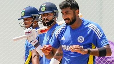 Indian cricketers Virat Kohli, Yashasvi Jaiswal and Jasprit Bumrah during a training session ahead of the first Test cricket match against Bangladesh, at MA Chidambaram Stadium, in Chennai, Monday, Sept. 16, 2024. (PTI) Indian cricketers Virat Kohli, Yashasvi Jaiswal and Jasprit Bumrah during a training session ahead of the first Test cricket match against Bangladesh, at MA Chidambaram Stadium, in Chennai, Monday, Sept. 16, 2024. (PTI)