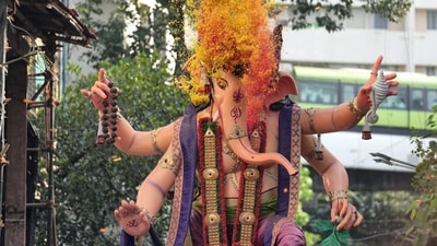 'Mumbaicha Raja' being carried for the immersion at the end of the Ganesh festival in Mumbai on Tuesday, September 17, 2024. (PTI) 'Mumbaicha Raja' being carried for the immersion at the end of the Ganesh festival in Mumbai on Tuesday, September 17, 2024. (PTI)