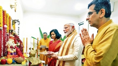 Prime Minister Narendra Modi at the home of Chief Justice of India DY Chandrachud in New Delhi (PTI) Prime Minister Narendra Modi at the home of Chief Justice of India DY Chandrachud in New Delhi (PTI)