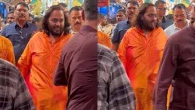Anant Ambani visited Mumbai's Lalbaugcha Raja temple, seeking Lord Ganesh's blessings before the Ganesh visarjan, surrounded by tight security. (Instagram/varindertchawla) Anant Ambani visited Mumbai's Lalbaugcha Raja temple, seeking Lord Ganesh's blessings before the Ganesh visarjan, surrounded by tight security. (Instagram/varindertchawla)