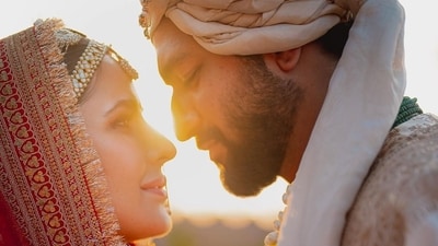 Katrina Kaif and Vicky Kaushal's wedding ceremony was held under strict security on December 9, 2021, at Six Senses Fort Barwara in Sawai Madhopur, Rajasthan. Sharing their wedding pictures, the actors wrote on Instagram, "Only love and gratitude in our hearts for everything that brought us to this moment. Seeking all your love and blessings as we begin this new journey together." Katrina Kaif and Vicky Kaushal's wedding ceremony was held under strict security on December 9, 2021, at Six Senses Fort Barwara in Sawai Madhopur, Rajasthan. Sharing their wedding pictures, the actors wrote on Instagram, "Only love and gratitude in our hearts for everything that brought us to this moment. Seeking all your love and blessings as we begin this new journey together."