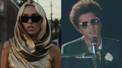 (Left): Miley Cyrus in Flowers music video; (right): Bruno Mars in a still from When I Was Your Man video.
