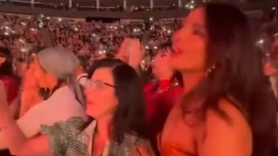 Priyanka also joined mother-in-law Denise Jonas to cheer and sing along with hundreds of fans at the London concert. 