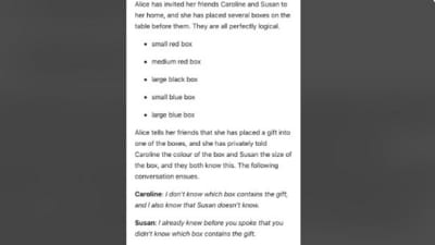 A Reddit brain teaser, challenged users to deduce a hidden gift’s box from clues. (@TheRabidBananaBoi/Reddit)