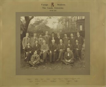 A group photograph of foreign students (1919-1920) at the University of Leeds.
Seated in the middle row (second from right) is PK Dutt, who was an MSc Chemistry student.