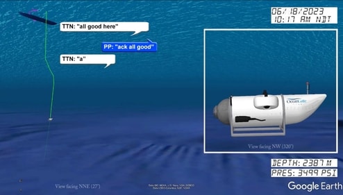 Coast Guard animation video shows the Titan submersible’s final messages to the Polar Prince support ship.
USCG Coast Guard animation video shows the Titan submersible’s final messages to the Polar Prince support ship.
USCG