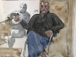 This court sketch shows defendant Dominique Pelicot during his trial in which he is accused of drugging his wife so that he and scores of strangers could rape her. 