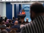 White House Press Secretary Karine Jean-Pierre speaks during the daily briefing in the Brady Briefing Room of the White House in Washington, DC, on September 17, 2024. (Photo by ANDREW CABALLERO-REYNOLDS / AFP)