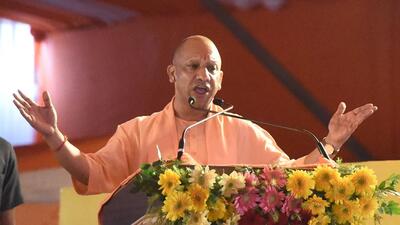 Adityanath addresses a gathering of supporters at Ghanta Ghar Ramlila Ground in Ghaziabad on Wednesday afternoon after dedicating and laying the foundation stone for projects worth  ₹757 crore. (Sakib Ali/HT Photo)