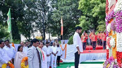 CM Revanth Reddy pays tribute at the State Martyrs Memorial on the occasion of the People's Governance Day at Gun Park in Hyderabad on Tuesday. (ANI) CM Revanth Reddy pays tribute at the State Martyrs Memorial on the occasion of the People's Governance Day at Gun Park in Hyderabad on Tuesday. (ANI)