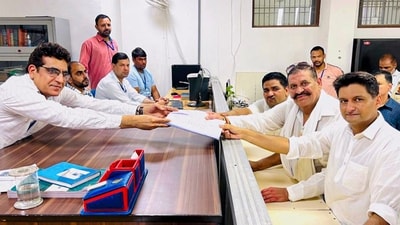 Congress candidate Rajinder Singh Joon files his nomination papers in the presence of party leader Deepender Singh Hooda for the Haryana Assembly elections. (PTI) Congress candidate Rajinder Singh Joon files his nomination papers in the presence of party leader Deepender Singh Hooda for the Haryana Assembly elections. (PTI)