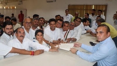Jind: Congress leader Deepender Hooda, former wrestler and Congress candidate from Julana constituency Vinesh Phogat and others during her nomination filing for the upcoming Haryana Assembly elections, in Jind district, Wednesday, Sept. 11, 2024. (PTI) Jind: Congress leader Deepender Hooda, former wrestler and Congress candidate from Julana constituency Vinesh Phogat and others during her nomination filing for the upcoming Haryana Assembly elections, in Jind district, Wednesday, Sept. 11, 2024. (PTI)
