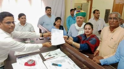 Rewari: BJP candidate Aarti Rao with Union Minister of State Rao Indrajit Singh files her nomination papers from Ateli for the upcoming Haryana Assembly elections, in Rewari, Wednesday, Sept. 11, 2024. (PTI) Rewari: BJP candidate Aarti Rao with Union Minister of State Rao Indrajit Singh files her nomination papers from Ateli for the upcoming Haryana Assembly elections, in Rewari, Wednesday, Sept. 11, 2024. (PTI)