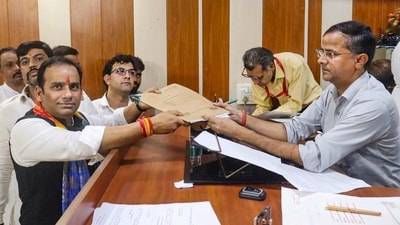 Gurugram: Independent candidate Kalyan Singh Chauhan from Sohna constituency files nomination papers for the upcoming Haryana Assembly elections, in Gurugram, Thursday, Sept. 12, 2024. (PTI) Gurugram: Independent candidate Kalyan Singh Chauhan from Sohna constituency files nomination papers for the upcoming Haryana Assembly elections, in Gurugram, Thursday, Sept. 12, 2024. (PTI)