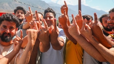 Voters display their ink-marked fingers after casting their votes in Kishtwar, which had the highest turnout at 77.23% by 5 pm. Pulwama had the lowest turnout at 43.87%. (PTI) Voters display their ink-marked fingers after casting their votes in Kishtwar, which had the highest turnout at 77.23% by 5 pm. Pulwama had the lowest turnout at 43.87%. (PTI)