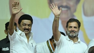 Congress leader Rahul Gandhi with Tamil Nadu chief minister MK Stalin in Coimbatore. (AFP)