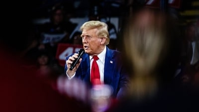 Former US President Donald Trump speaks during a town hall event at Dort Financial Center in Flint, Michigan, US, on Tuesday. (Bloomberg)