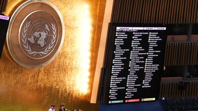 The final result of a vote during the emergency session on the legal consequences of Israel's actions in the Palestinian territories is shown at United Nations Headquarters on September 18 in New York. (AFP) The final result of a vote during the emergency session on the legal consequences of Israel's actions in the Palestinian territories is shown at United Nations Headquarters on September 18 in New York. (AFP)