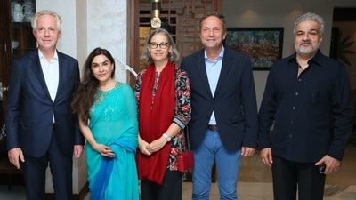 Georg Kapsch, Harjinder Kaur Talwar, Katharina Wieser, Marcus Handl, and Bhartindu Talwar. (Photo: Manoj Verma/HT)