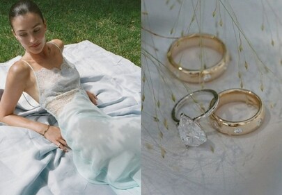 The bride changed into an off-white Prada slip dress with a dainty chain neck and hemline The bride changed into an off-white Prada slip dress with a dainty chain neck and hemline