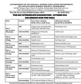 Telangana TOSS SSC, Intermediate exam schedule for October 2024. Telangana TOSS SSC, Intermediate exam schedule for October 2024.