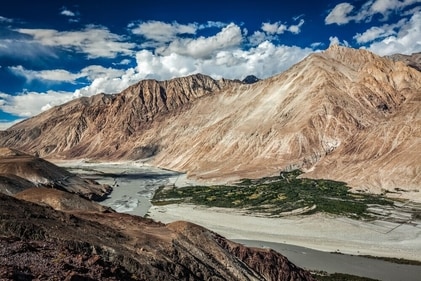 The Nubra Valley landscape is a stark contrast between barren and fertile areas. (Shutterstock) The Nubra Valley landscape is a stark contrast between barren and fertile areas. (Shutterstock)