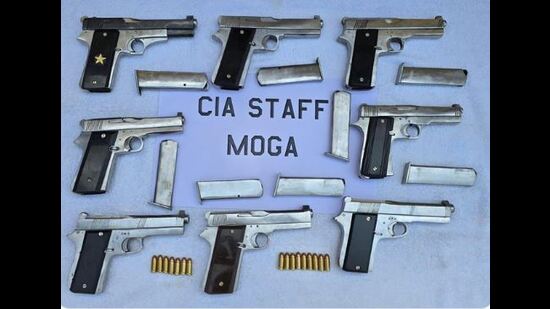 The seized pistols in police custody in Moga on Wednesday. (HT photo)