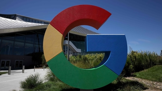 The Google logo is displayed in front of company headquarters during the Made By Google event on August 13, 2024 in Mountain View, California. (Justin Sullivan/Getty Images/AFP)