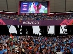  ICC Cricket World Cup 2023 - India v Pakistan - Narendra Modi Stadium, Ahmedabad, India - October 14, 2023 India fans in the stands are pictured watching the musical ceremony during the innings break